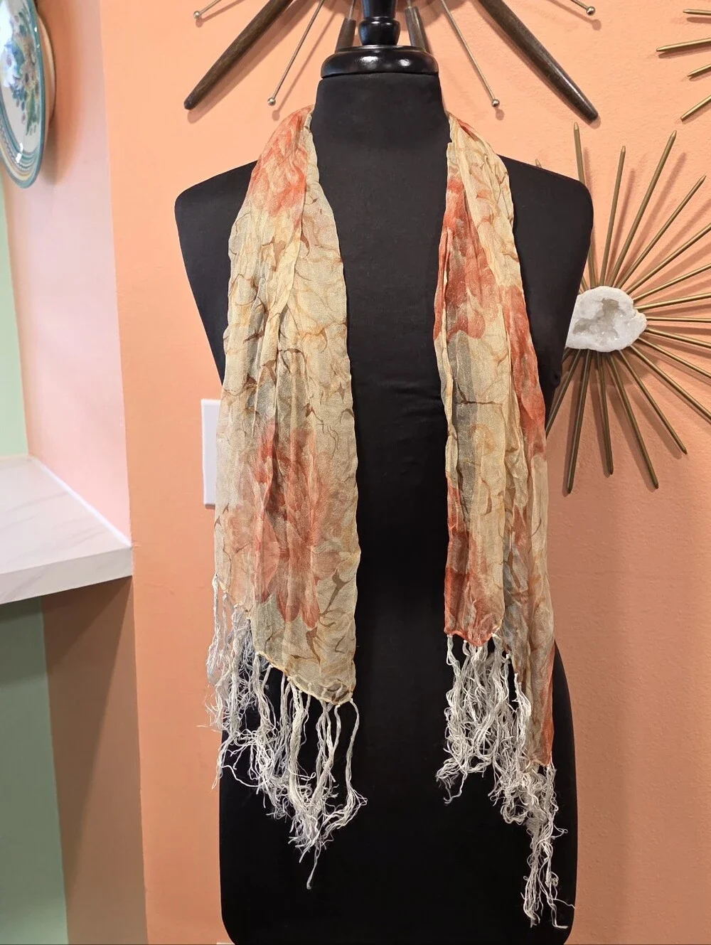 Vintage 70s Delicate Fringe Hippie Orange and Cream Lightweight Crinkle Scarf